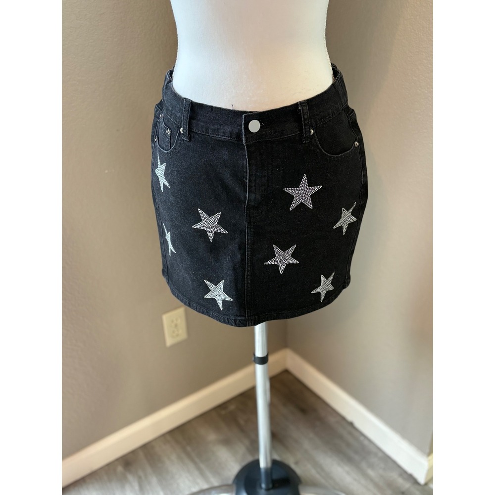 Charlotte Russe‎ Black Denim Star Rhinestone Mini Skirt Medium Celestial